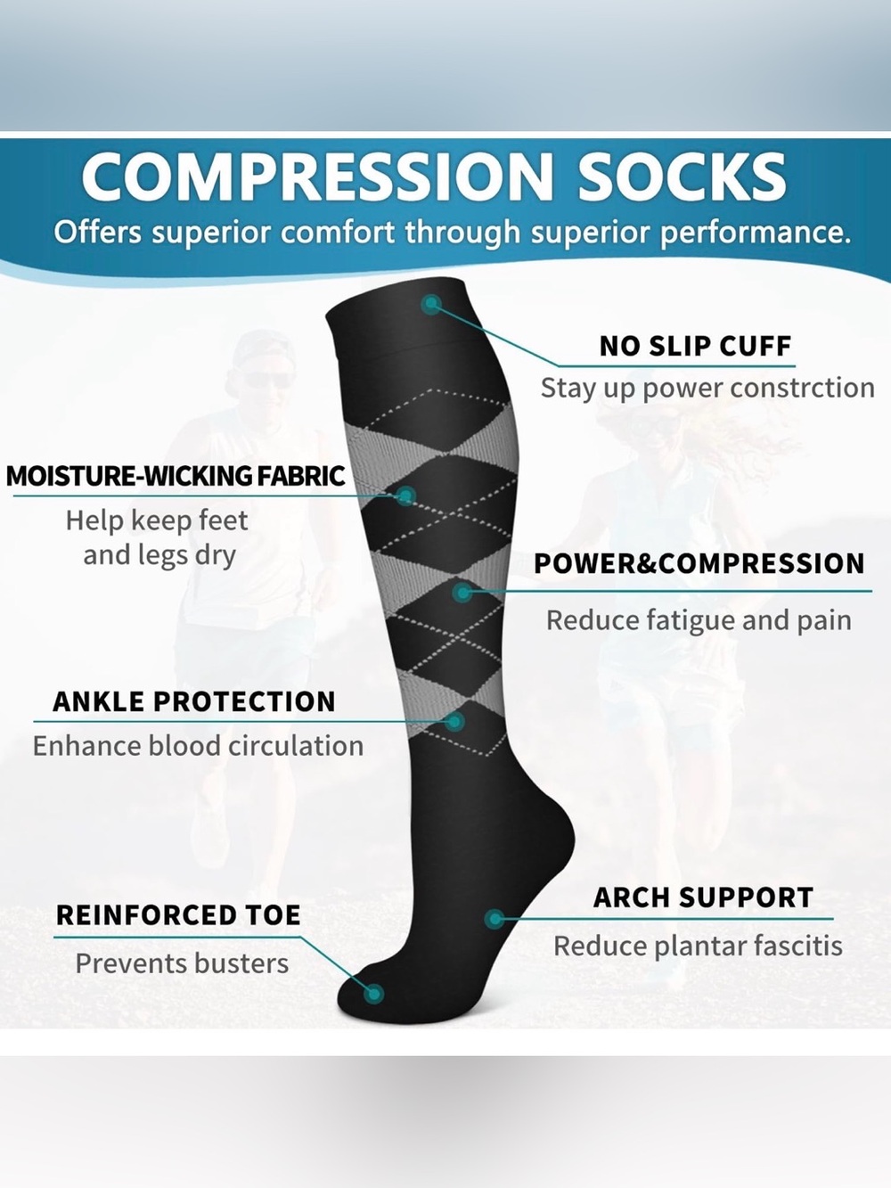 6 Pack Copper Compression Socks for Women and Men Circulation-Best Support - Picture 5 of 9